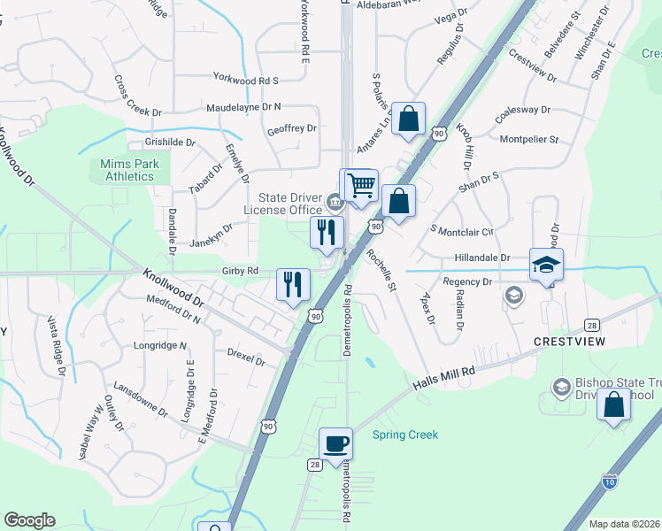 map of restaurants, bars, coffee shops, grocery stores, and more near 4700 Government Boulevard in Mobile