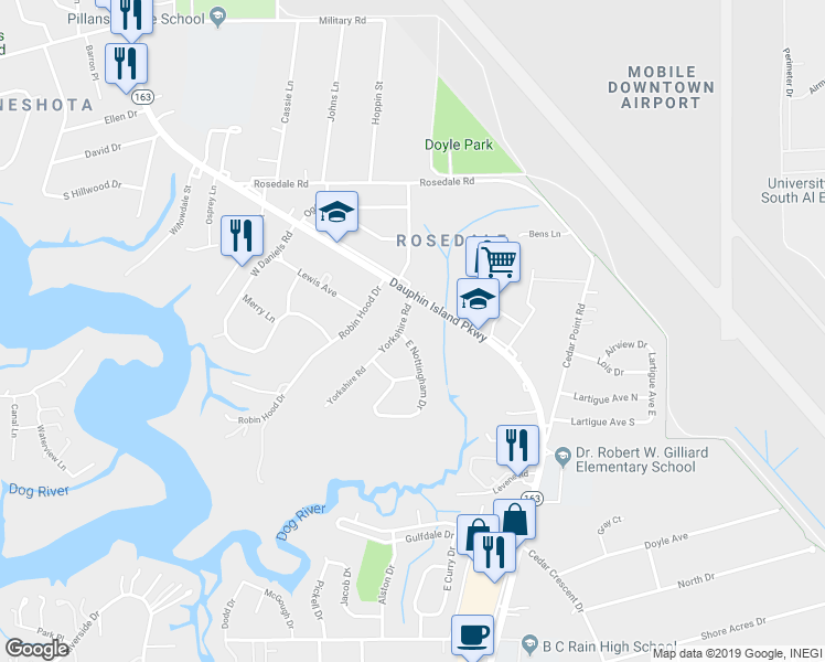 map of restaurants, bars, coffee shops, grocery stores, and more near 2601 East Nottingham Drive in Mobile