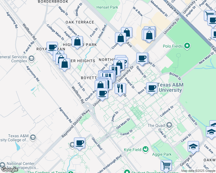 map of restaurants, bars, coffee shops, grocery stores, and more near in College Station