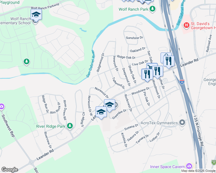map of restaurants, bars, coffee shops, grocery stores, and more near 1504-1528 Leander Road in Georgetown