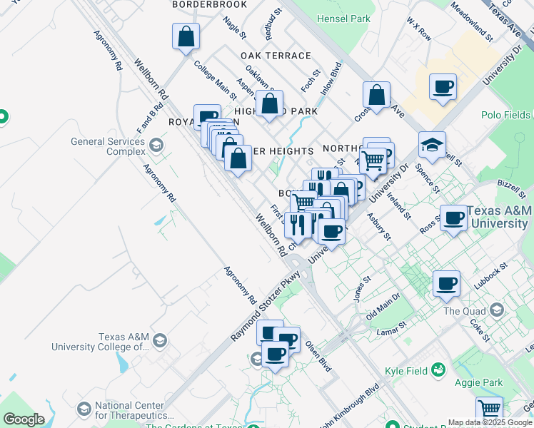 map of restaurants, bars, coffee shops, grocery stores, and more near 402 Wellborn Road North in Bryan