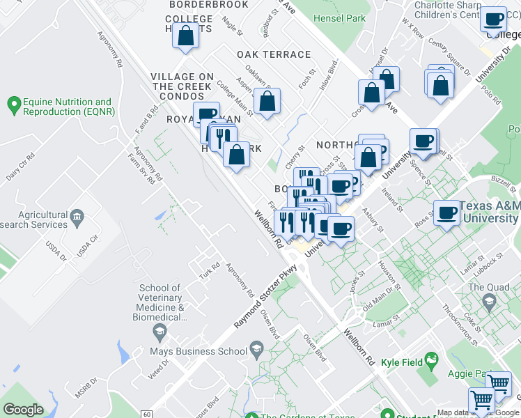 map of restaurants, bars, coffee shops, grocery stores, and more near 408 Wellborn Road North in College Station