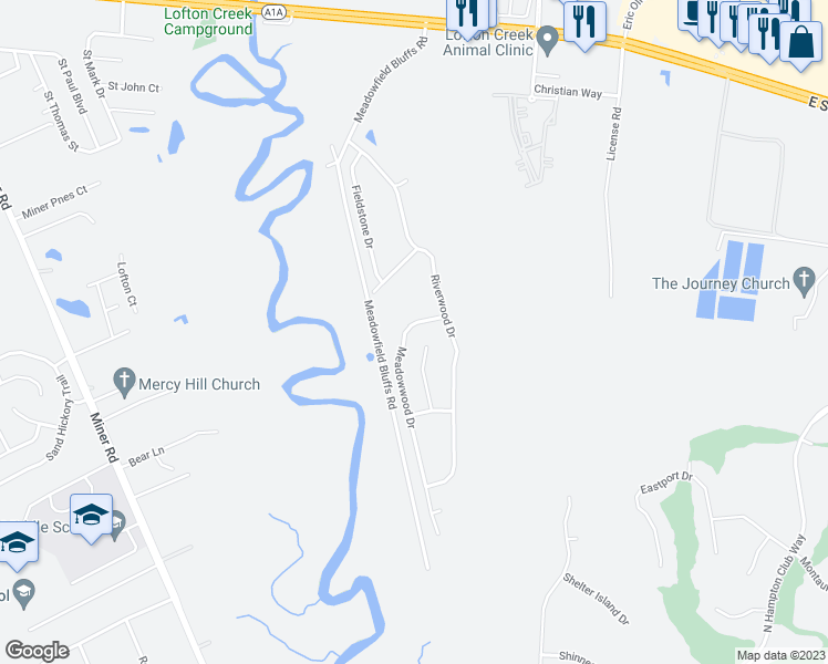 map of restaurants, bars, coffee shops, grocery stores, and more near 86086 Meadowwood Drive in Yulee
