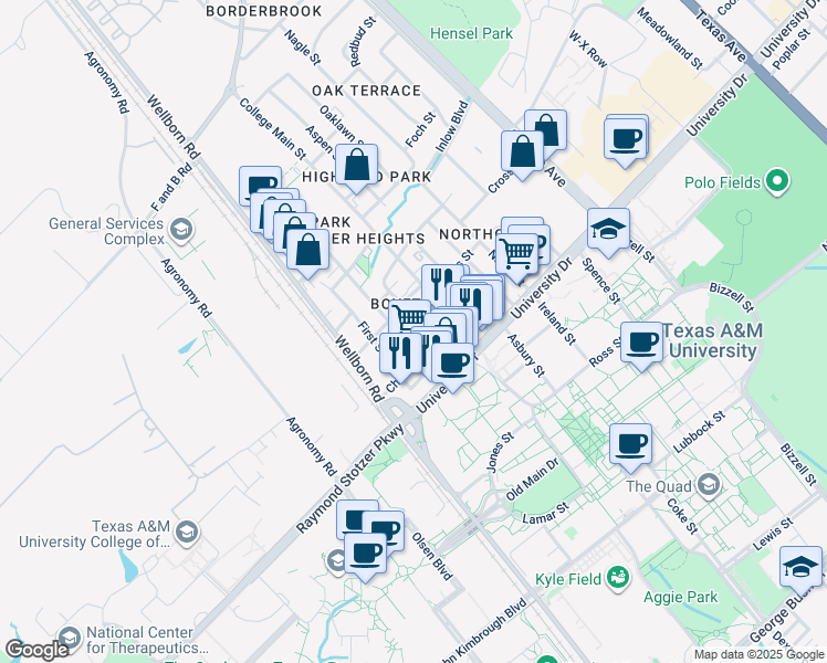 map of restaurants, bars, coffee shops, grocery stores, and more near 301 Church Avenue in College Station