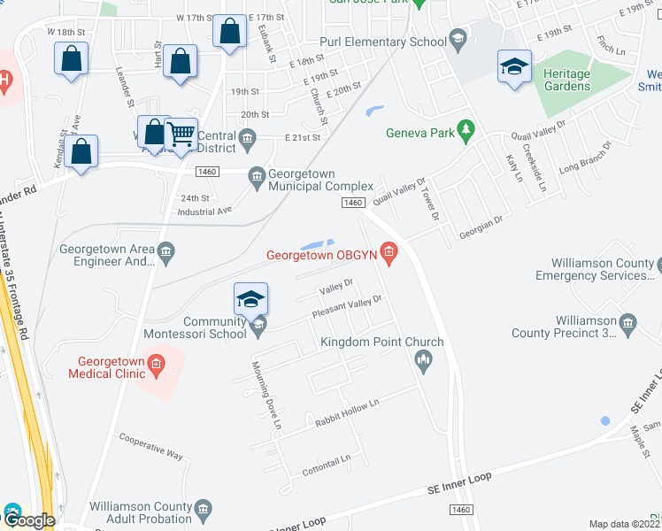map of restaurants, bars, coffee shops, grocery stores, and more near 1000 Farm to Market Road 1460 in Georgetown