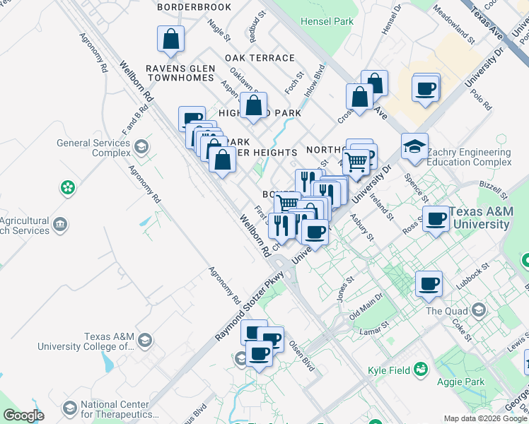 map of restaurants, bars, coffee shops, grocery stores, and more near 407 Boyett Street in College Station