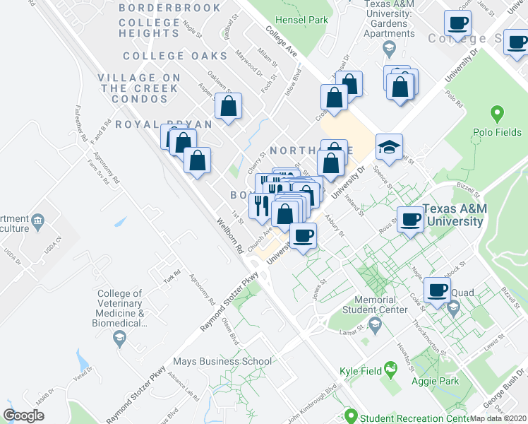 map of restaurants, bars, coffee shops, grocery stores, and more near 400-498 Boyett Street in College Station