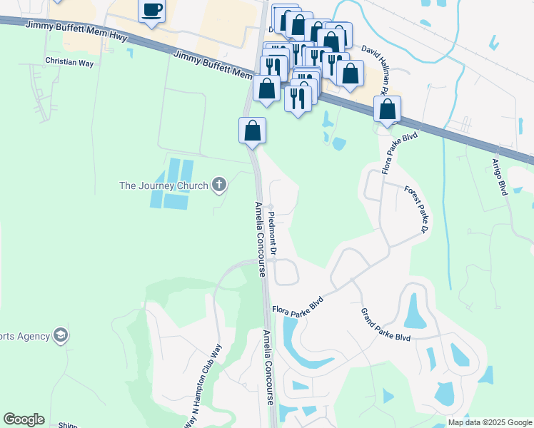 map of restaurants, bars, coffee shops, grocery stores, and more near 96167 Piedmont Drive in Fernandina Beach