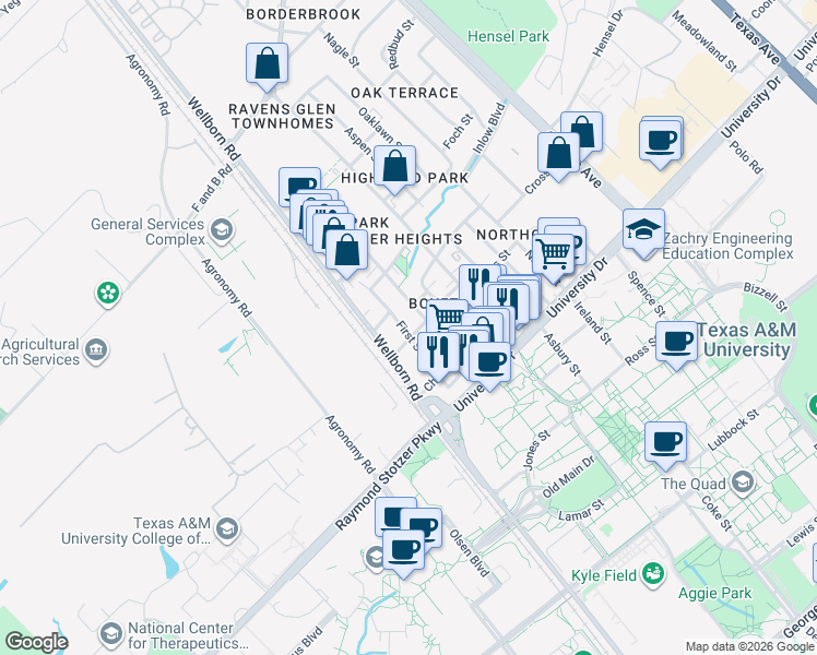 map of restaurants, bars, coffee shops, grocery stores, and more near 402 1st Street in College Station