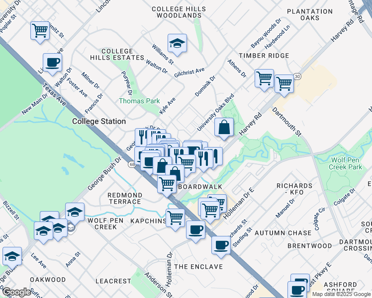 map of restaurants, bars, coffee shops, grocery stores, and more near 1601 George Bush Drive East in College Station