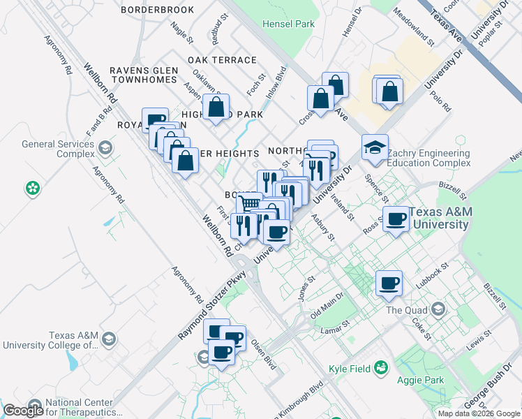 map of restaurants, bars, coffee shops, grocery stores, and more near in College Station