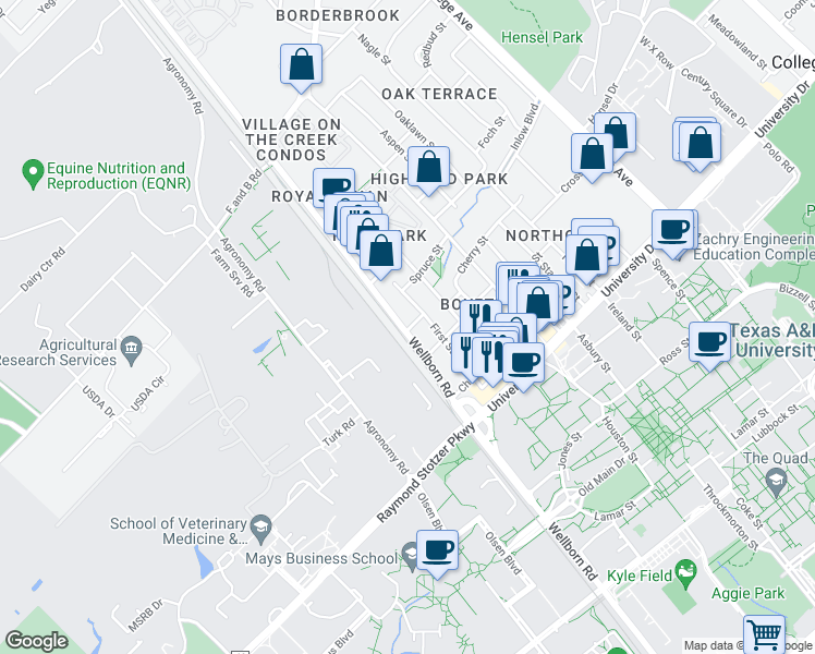 map of restaurants, bars, coffee shops, grocery stores, and more near 107 Maple Avenue in College Station