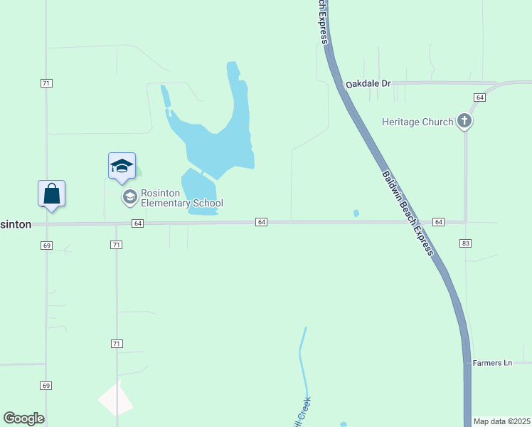 map of restaurants, bars, coffee shops, grocery stores, and more near 20265 County Road 64 in Robertsdale