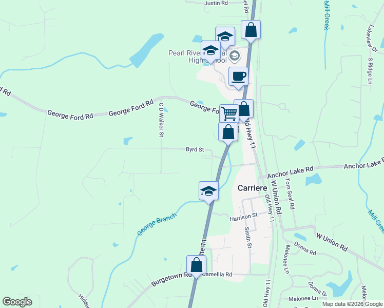 map of restaurants, bars, coffee shops, grocery stores, and more near 127 Byrd Street in Carriere
