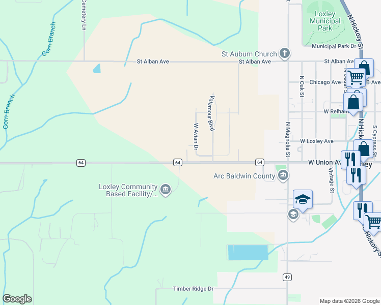 map of restaurants, bars, coffee shops, grocery stores, and more near Valencia Street in Loxley