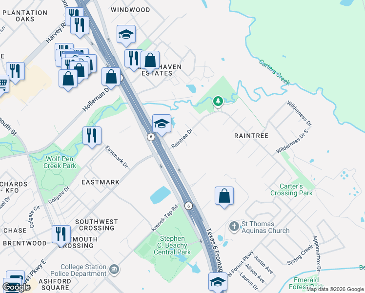 map of restaurants, bars, coffee shops, grocery stores, and more near 2201 Raintree Drive in College Station