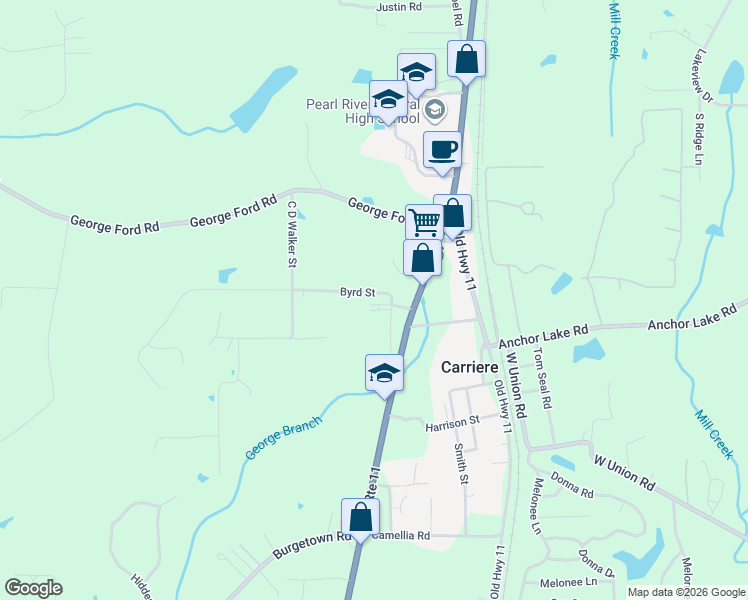 map of restaurants, bars, coffee shops, grocery stores, and more near 127 Byrd Street in Carriere