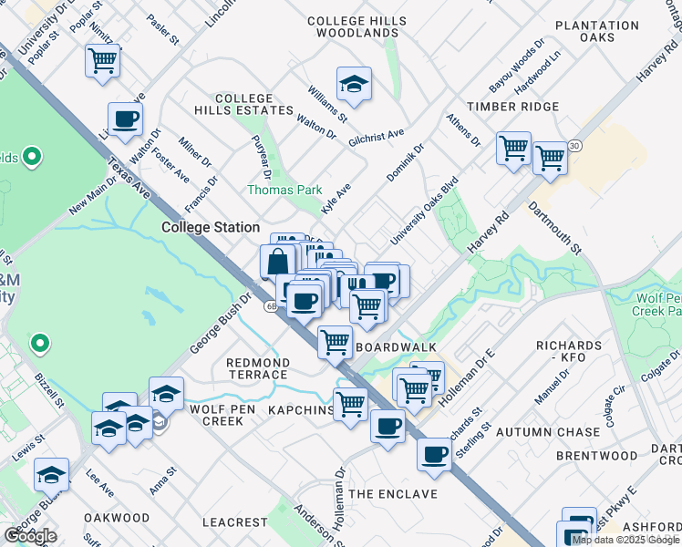 map of restaurants, bars, coffee shops, grocery stores, and more near 1516-1598 George Bush Drive East in College Station