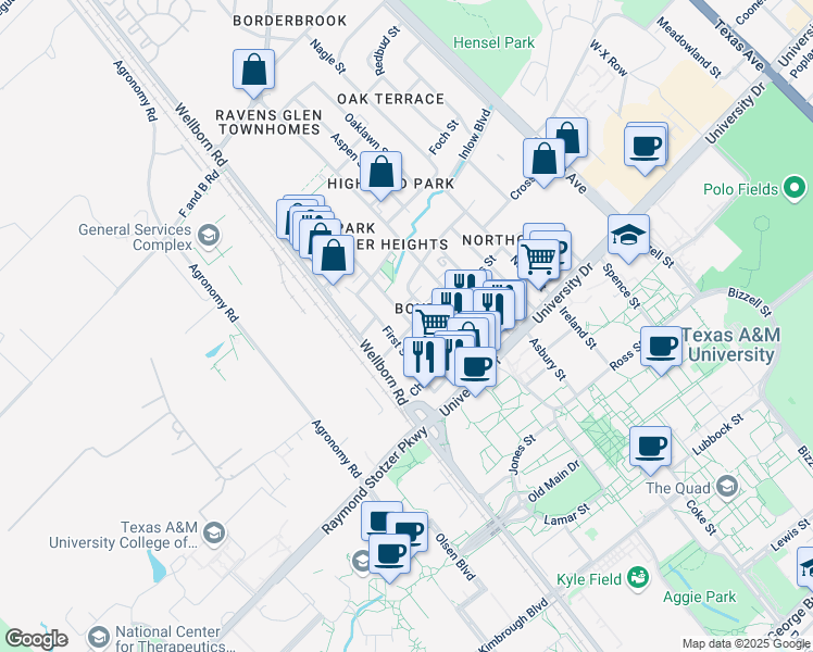map of restaurants, bars, coffee shops, grocery stores, and more near 401 Boyett Street in College Station
