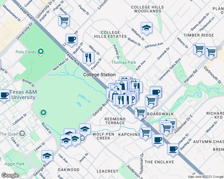 map of restaurants, bars, coffee shops, grocery stores, and more near 103 Moss Street in College Station
