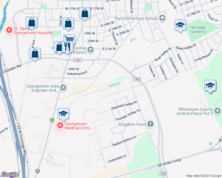 map of restaurants, bars, coffee shops, grocery stores, and more near 451 High Tech Drive in Georgetown