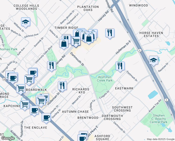map of restaurants, bars, coffee shops, grocery stores, and more near 1915 Dartmouth Street in College Station