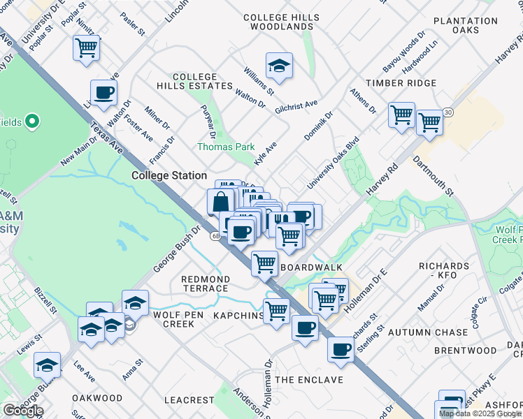 map of restaurants, bars, coffee shops, grocery stores, and more near 1516-1598 George Bush Drive East in College Station