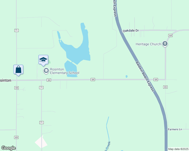 map of restaurants, bars, coffee shops, grocery stores, and more near 20265 County Road 64 in Robertsdale