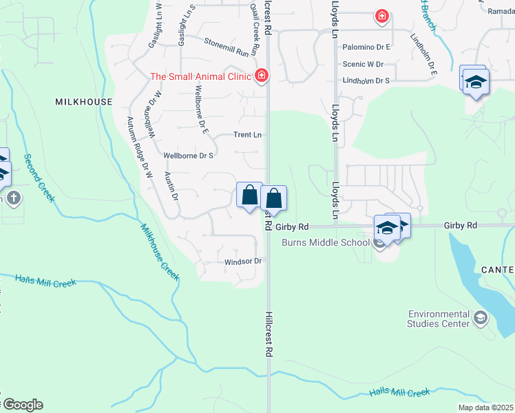 map of restaurants, bars, coffee shops, grocery stores, and more near 3440 Hillcrest Road in Mobile