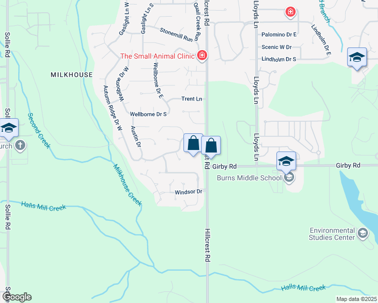 map of restaurants, bars, coffee shops, grocery stores, and more near 3440 Hillcrest Road in Mobile