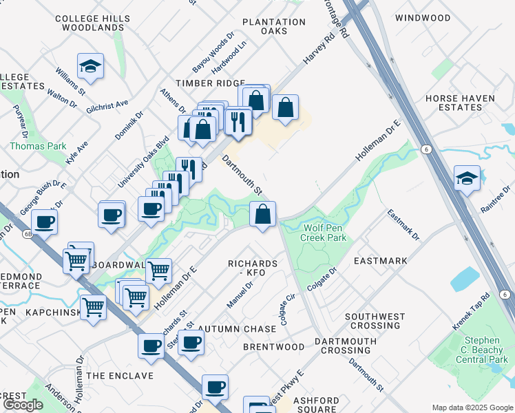 map of restaurants, bars, coffee shops, grocery stores, and more near Wolf Pen Creek Trail in College Station