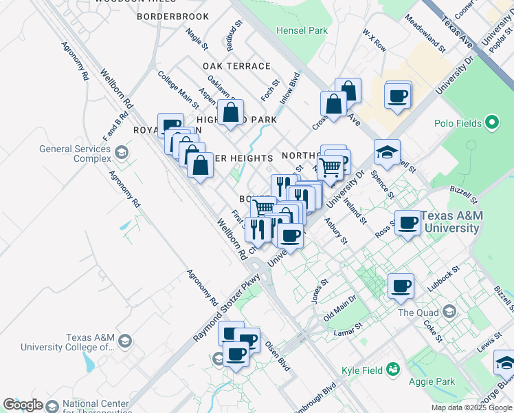 map of restaurants, bars, coffee shops, grocery stores, and more near 400-498 Boyett Street in College Station