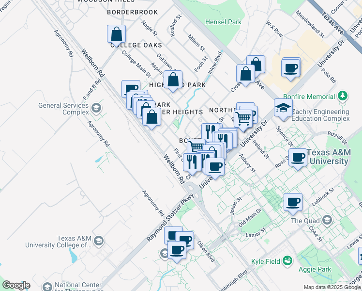 map of restaurants, bars, coffee shops, grocery stores, and more near 407 Boyett Street in College Station