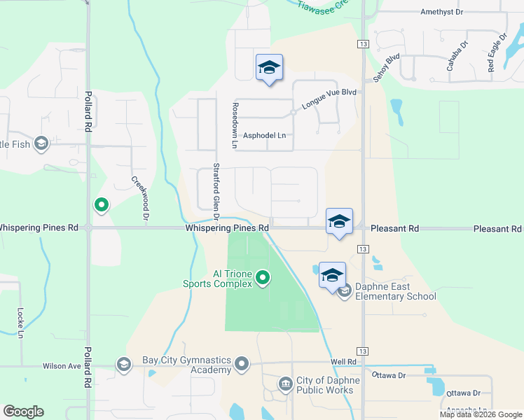 map of restaurants, bars, coffee shops, grocery stores, and more near 8747 Bainbridge Drive in Daphne