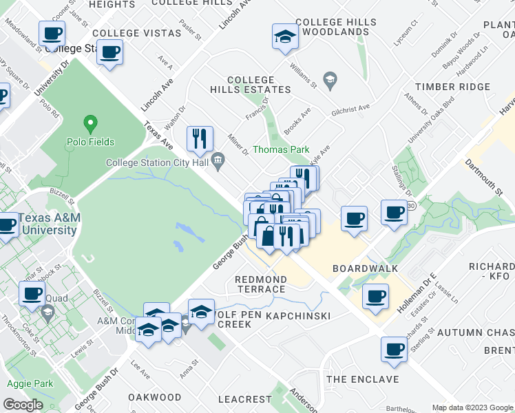 map of restaurants, bars, coffee shops, grocery stores, and more near 104 Moss Street in College Station