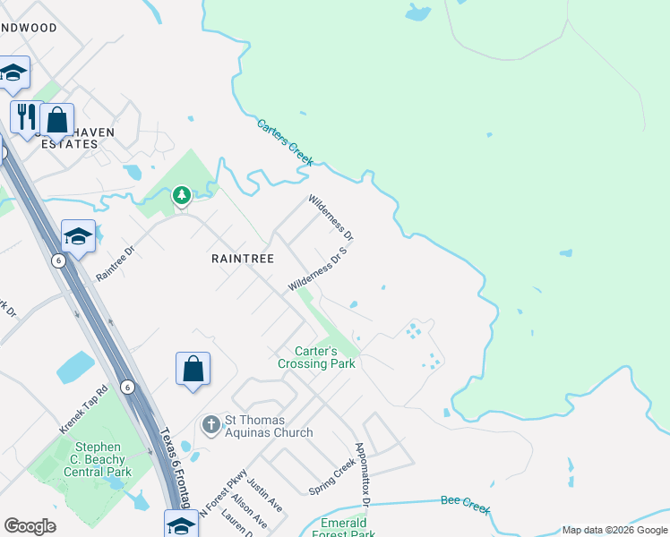 map of restaurants, bars, coffee shops, grocery stores, and more near 8108 Bunker Hill Court in College Station