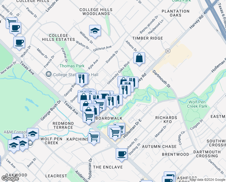 map of restaurants, bars, coffee shops, grocery stores, and more near 422 University Oaks Boulevard in College Station