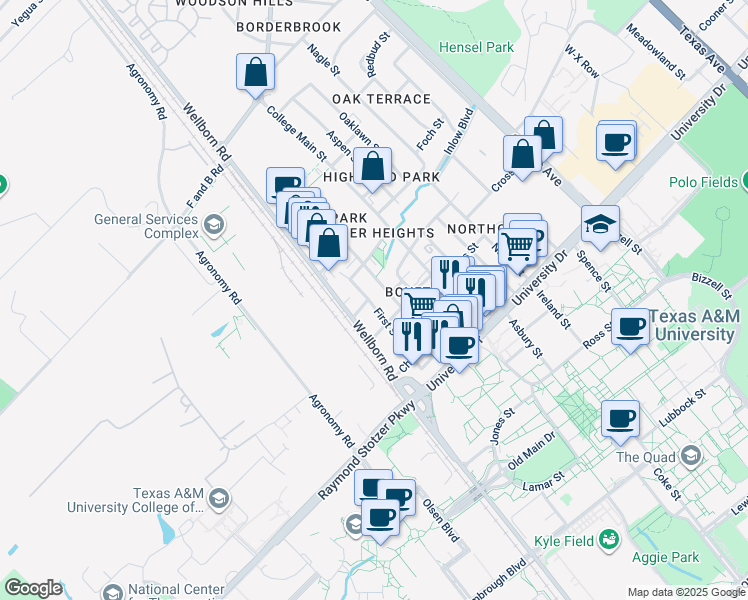 map of restaurants, bars, coffee shops, grocery stores, and more near 407 Boyett Street in College Station