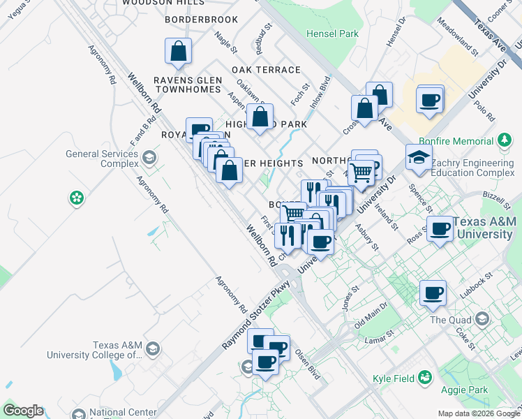map of restaurants, bars, coffee shops, grocery stores, and more near 412 1st Street in College Station