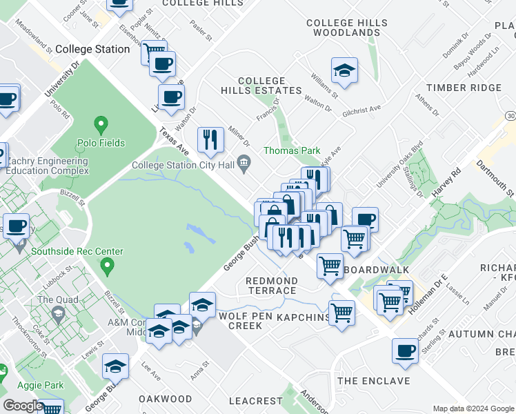 map of restaurants, bars, coffee shops, grocery stores, and more near 103 Moss Street in College Station