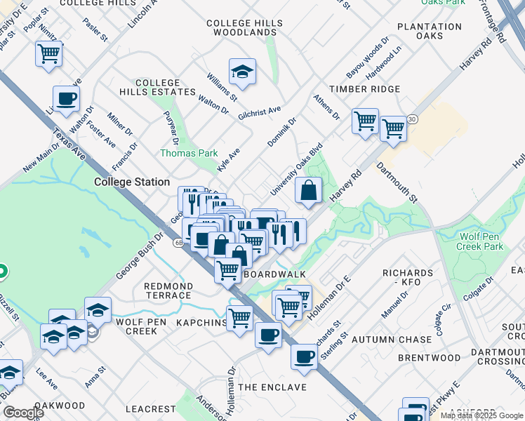 map of restaurants, bars, coffee shops, grocery stores, and more near 410 University Oaks Boulevard in College Station