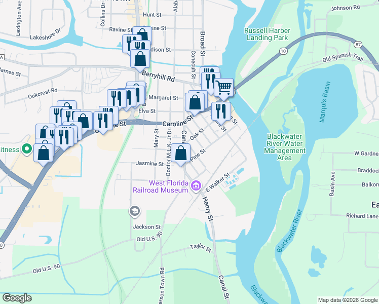 map of restaurants, bars, coffee shops, grocery stores, and more near 5086 Canal Street in Milton