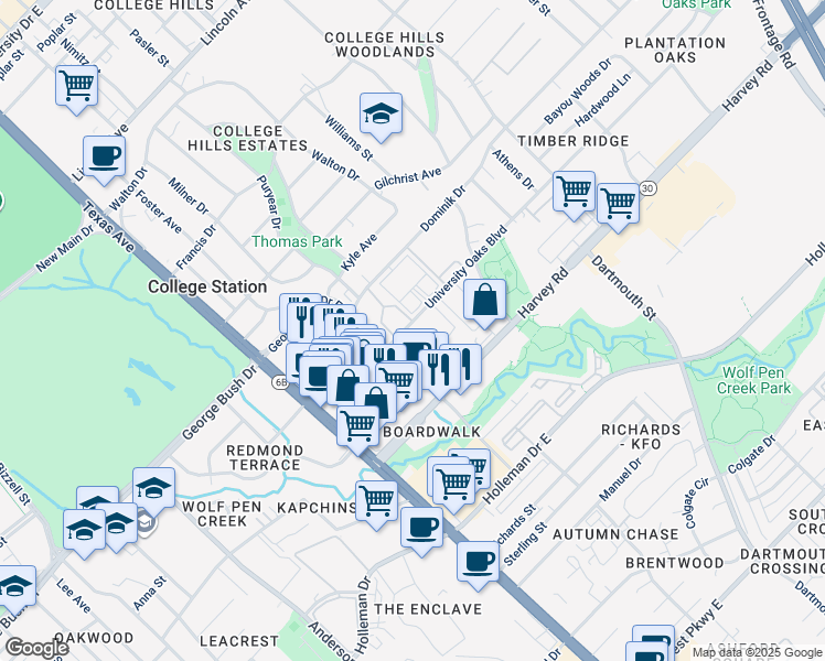 map of restaurants, bars, coffee shops, grocery stores, and more near 410 University Oaks Boulevard in College Station