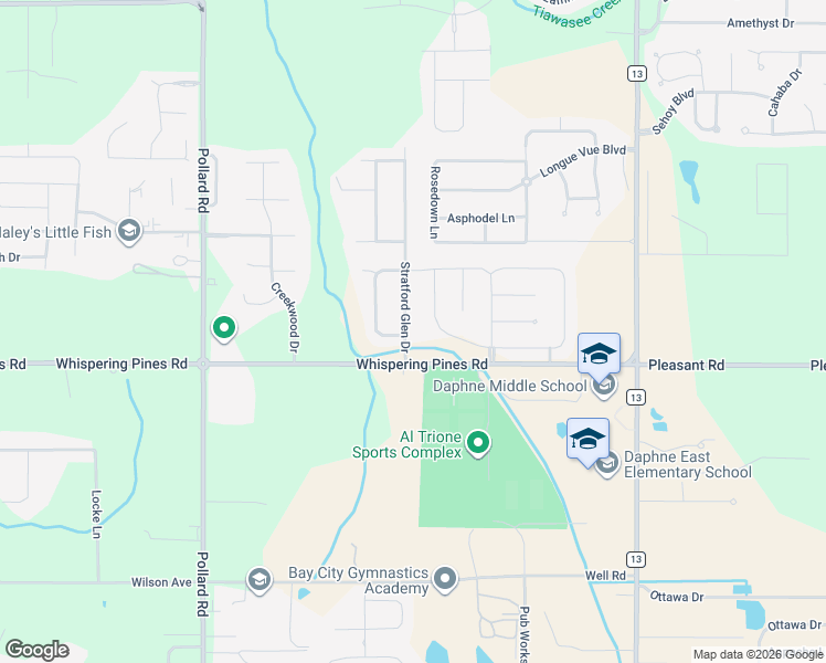 map of restaurants, bars, coffee shops, grocery stores, and more near 27042 Stratford Glen Drive in Daphne