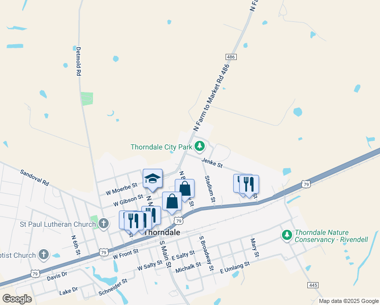 map of restaurants, bars, coffee shops, grocery stores, and more near 300 Farm to Market Road 486 in Thorndale