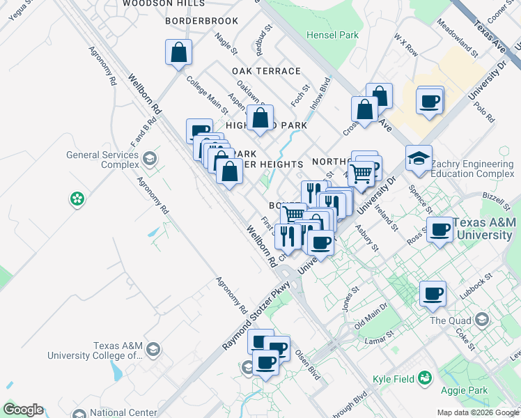 map of restaurants, bars, coffee shops, grocery stores, and more near 407 Boyett Street in College Station