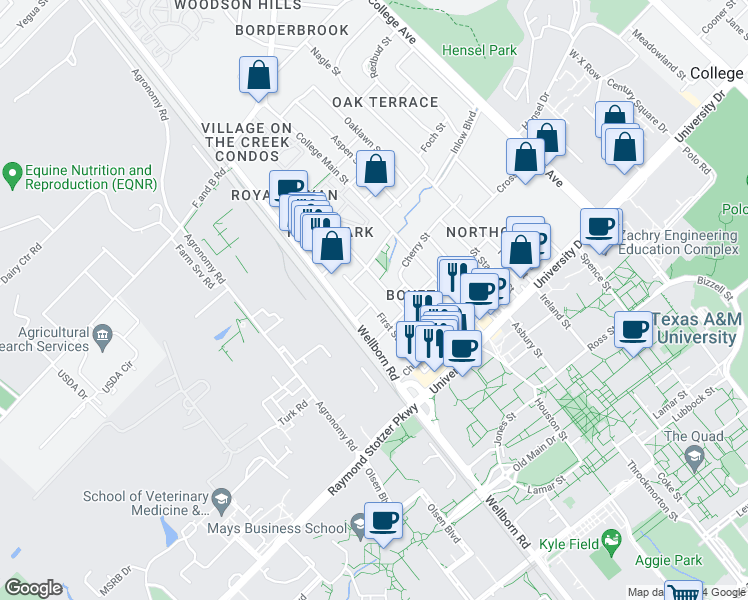 map of restaurants, bars, coffee shops, grocery stores, and more near 107 Maple Avenue in College Station