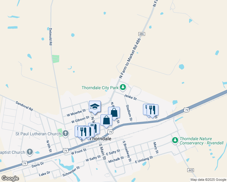 map of restaurants, bars, coffee shops, grocery stores, and more near 300 Farm to Market Road 486 in Thorndale