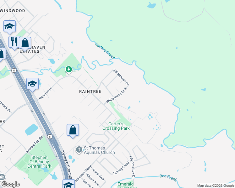 map of restaurants, bars, coffee shops, grocery stores, and more near 8108 Bunker Hill Court in College Station