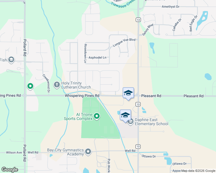 map of restaurants, bars, coffee shops, grocery stores, and more near 8782 Drifton Court in Daphne